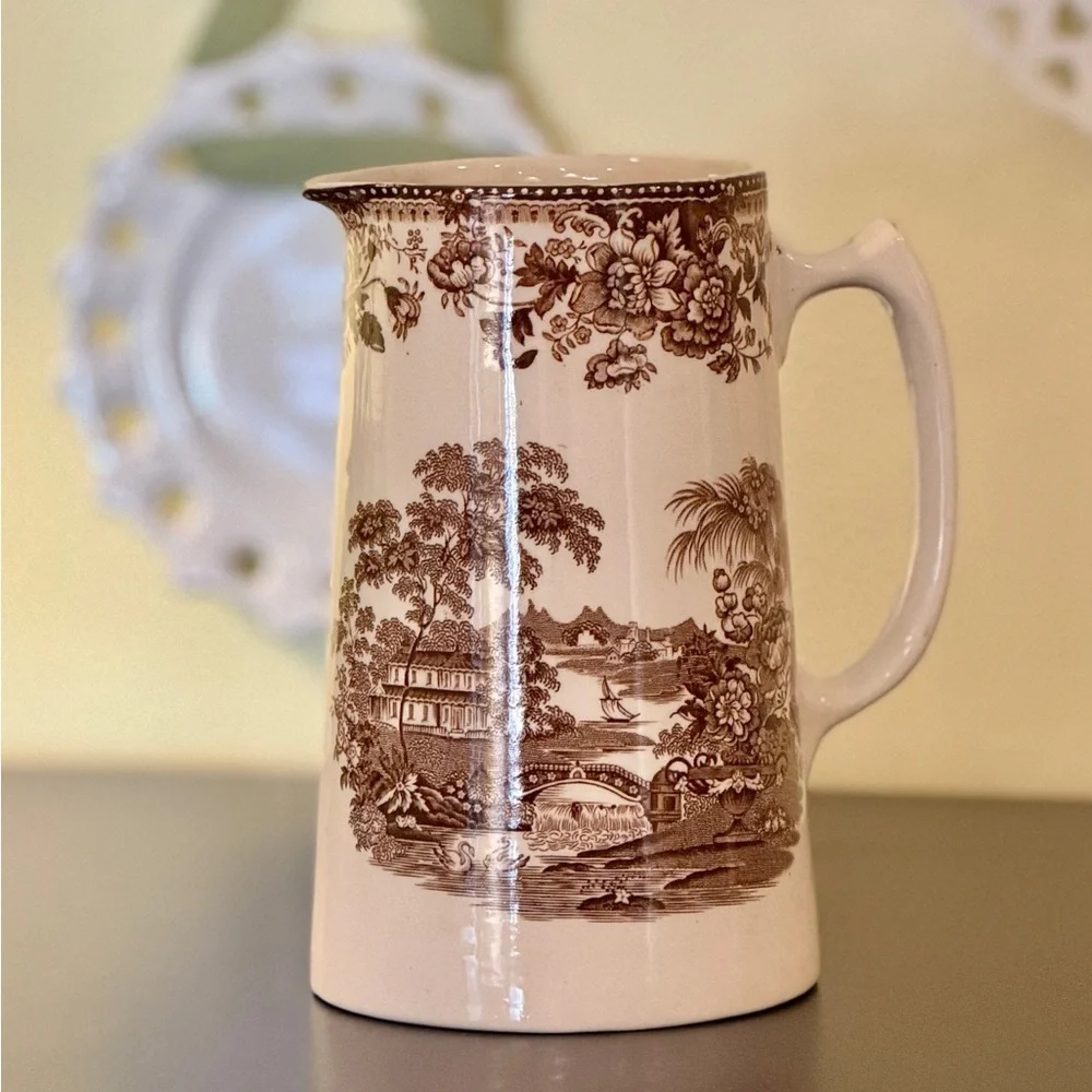 VINTAGE, CLARICE CLIFF, BROWN TRANSFERWARE PITCHER MADE BY ROYAL STAFFORDSHIRE.